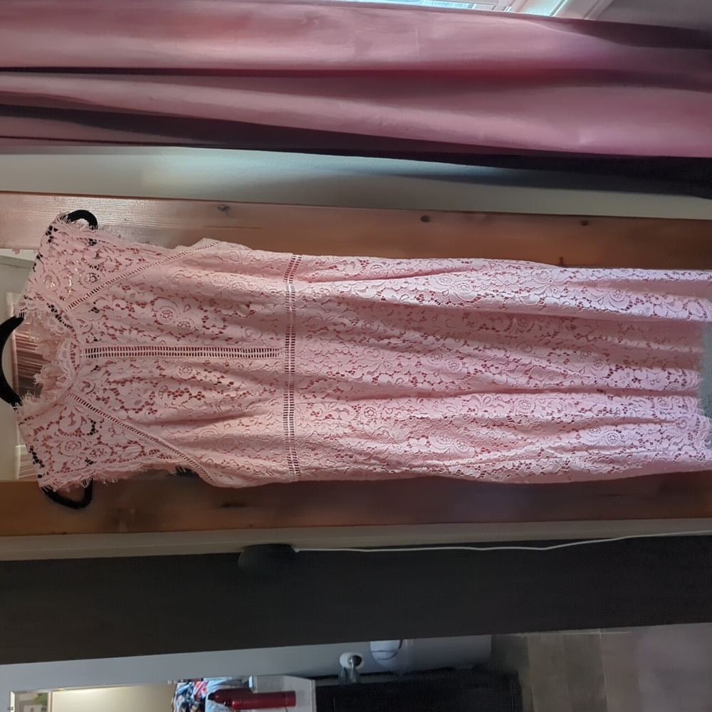 Pale pink, embroidered dress.